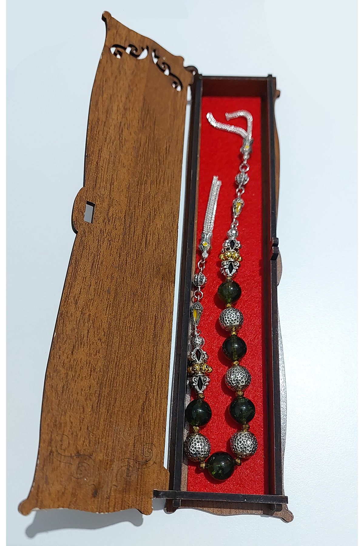 Usta İşi Pirinç İşlemeli ve Doğal Taşlı Zamak Zaza Tesbih - Özel Tasarım Zebercet Taşı (Peridot)