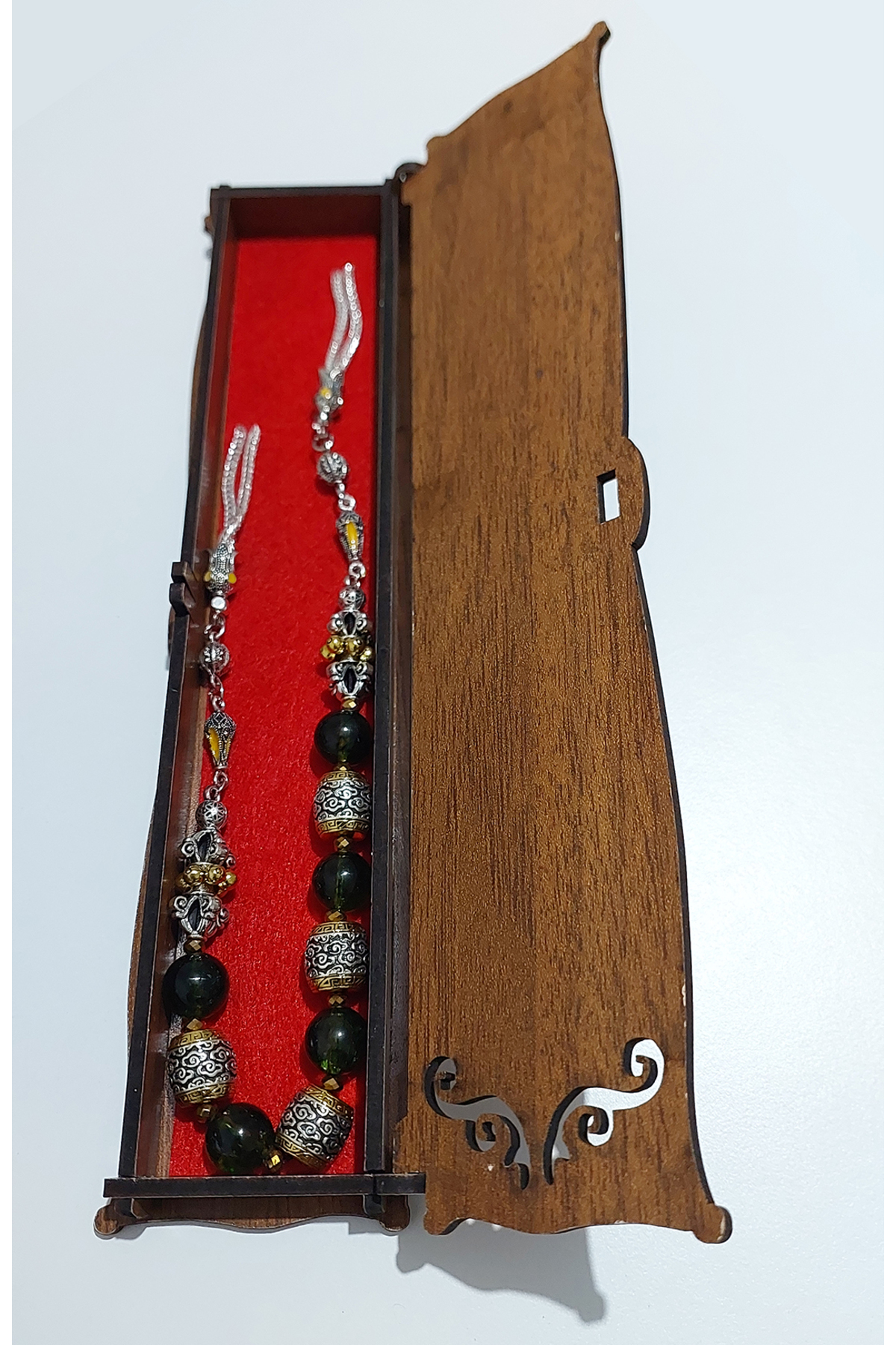 Usta İşi Pirinç İşlemeli ve Doğal Taşlı Zamak Zaza Tesbih - Özel Tasarım Zebercet Taşı (Peridot)