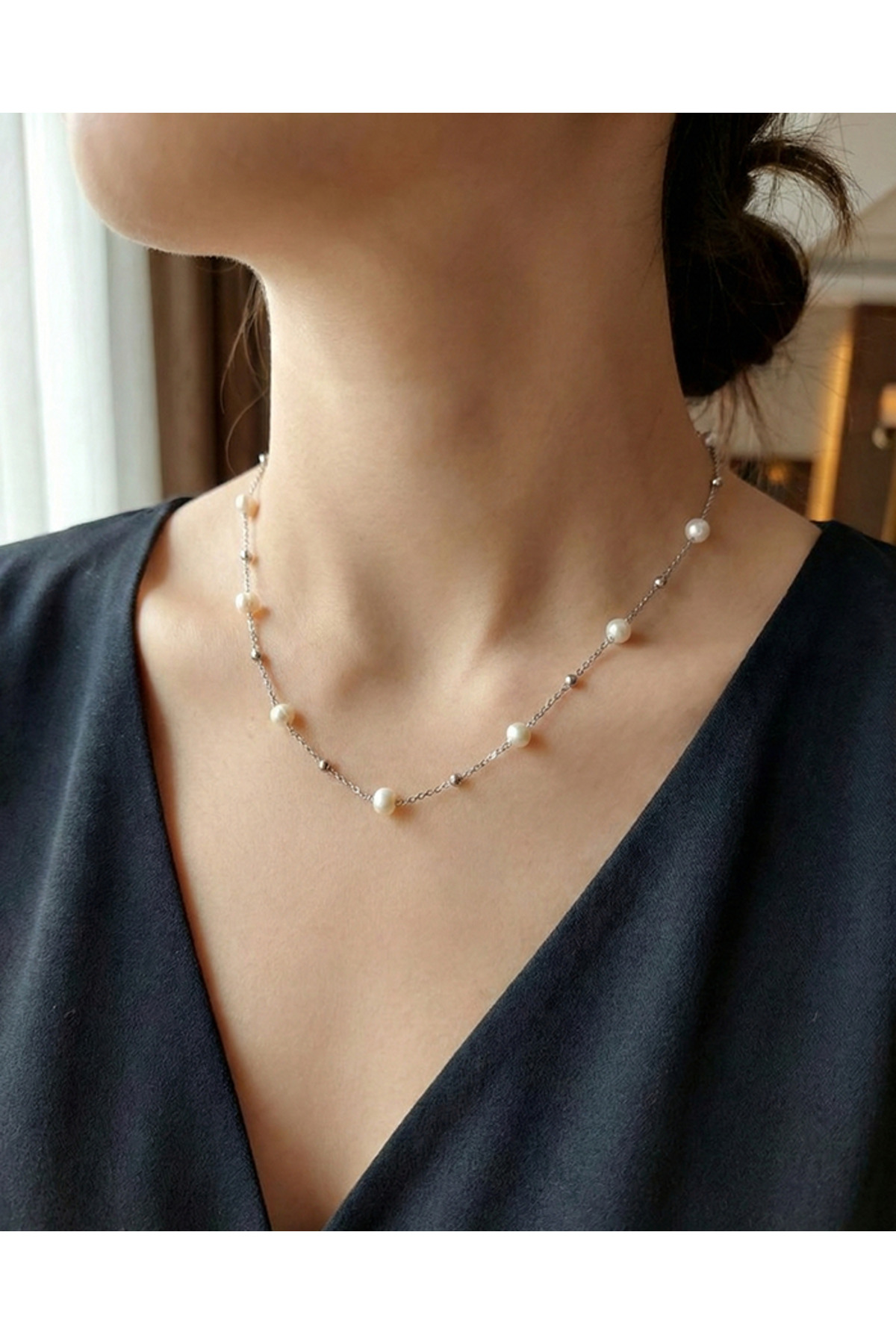 Gerçek Kültür İncisi Dorika Detaylı Gümüş Renk Çelik Kolye 40cm Kararmaz