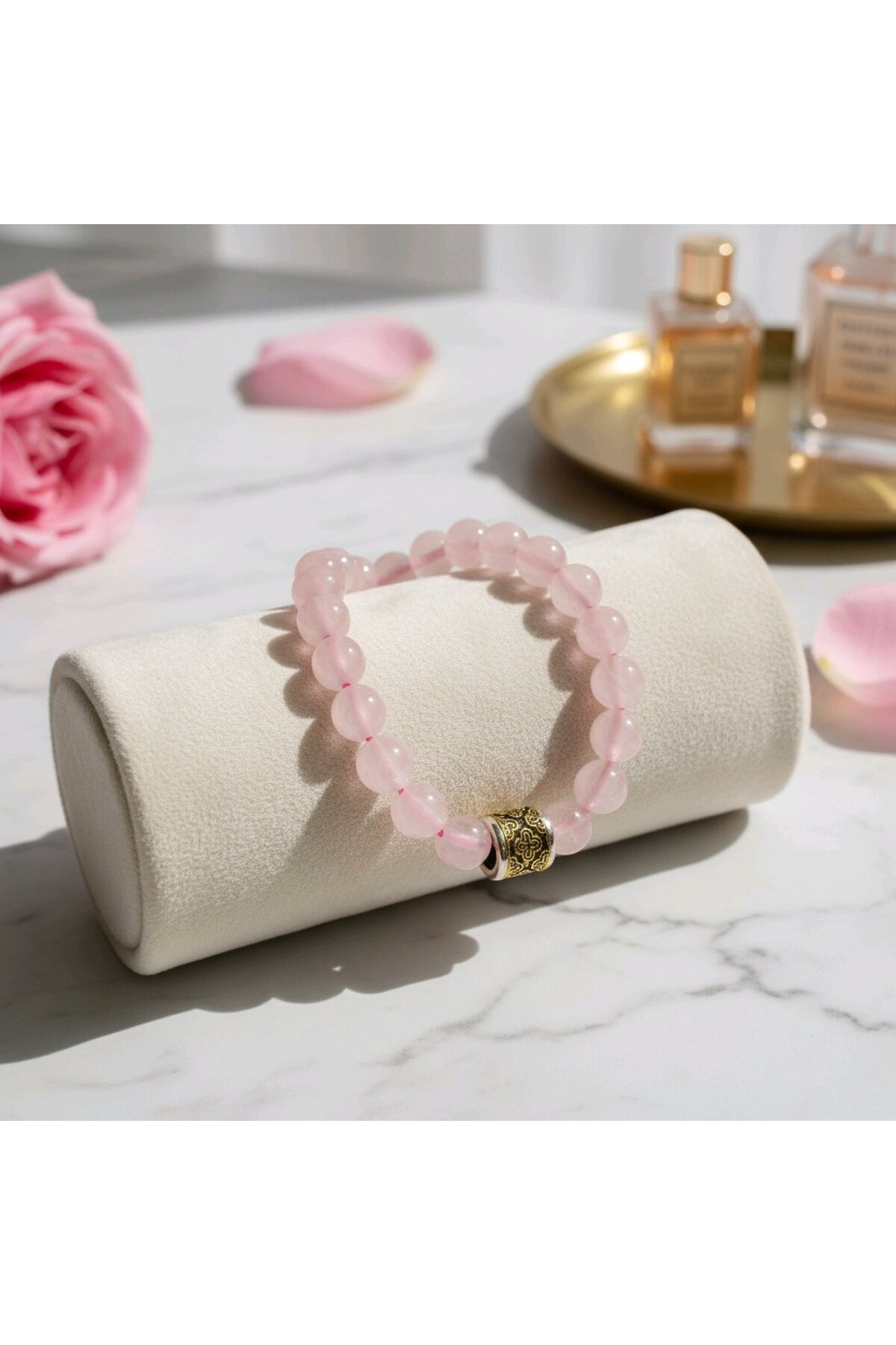 Orijinal Pembe Kuvars Bileklik - El Yapımı Zamak ve Pirinç Detaylı