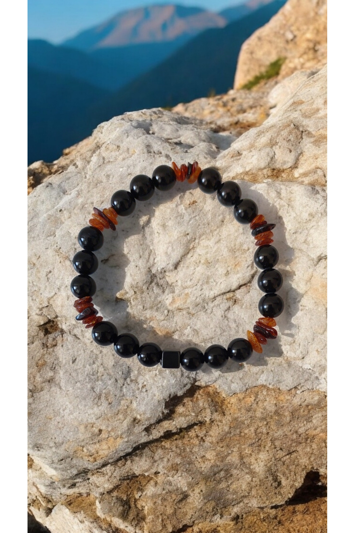 Doğal Siyah Turmalin Bileklik (Kehribar taşlı)