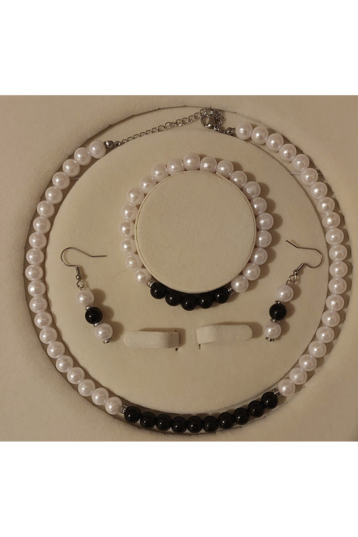 Siyah&Beyaz İnci Set, A Kalite Boncuk İnci Paslanmaz Çelik Kolye, Bileklik ve Küpe Takımı