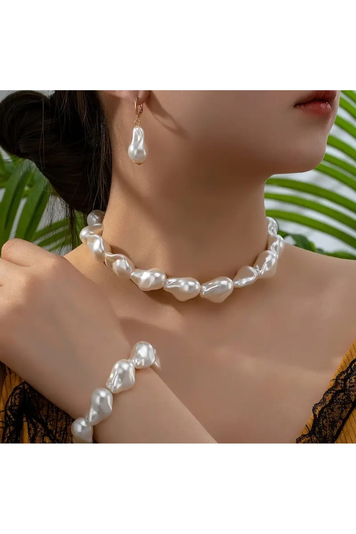 Şık Zarif Elegant Barok Inci Set Kolye Bileklik Küpe