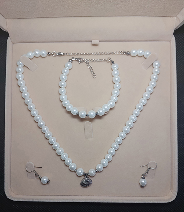 İnci Kolye Bileklik Küpe Set, Paslanmaz Çelik İstiridye Uçlu, Gümüş Rengi 40 cm