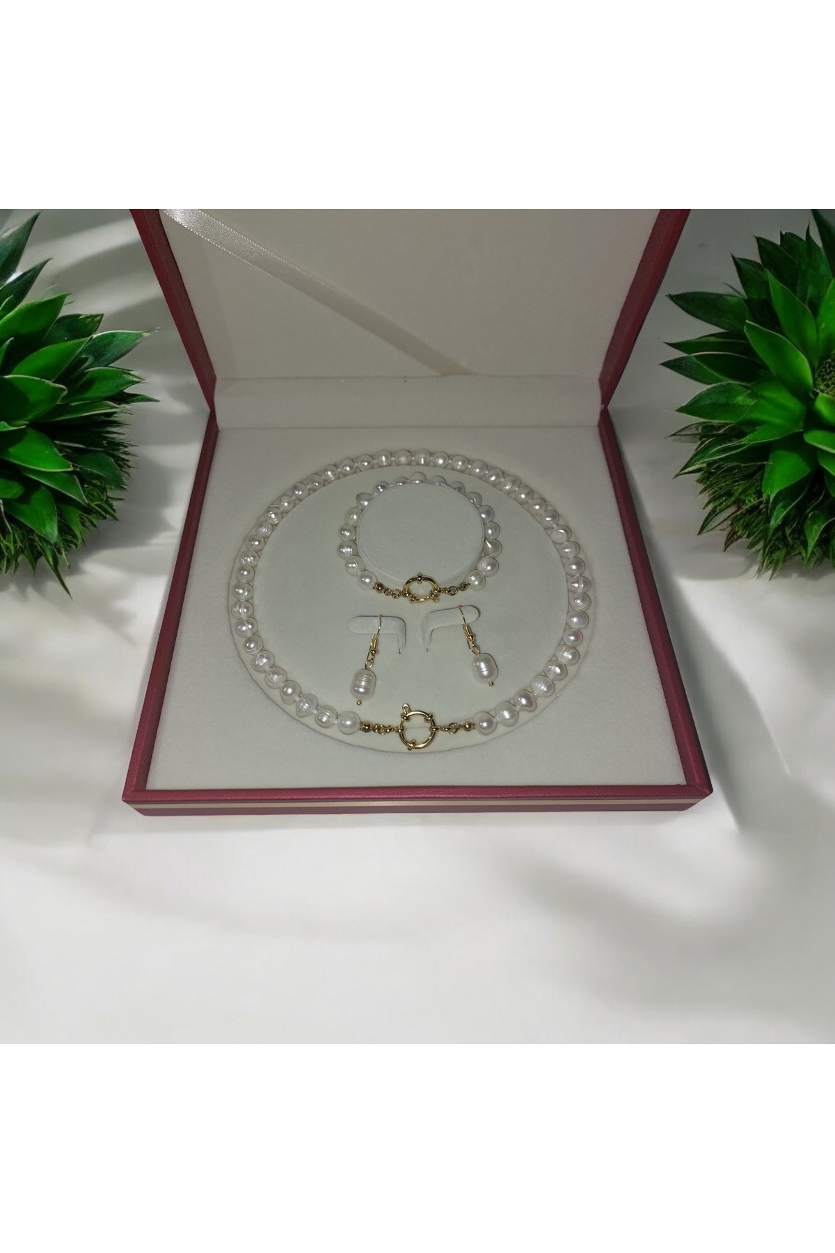 Doğal Inci Kolye Bileklik Küpe Seti (PASLANMAZ ÇELİK GEMİCİ KİLİDİ, ÇELİK KÜPE APARATI)