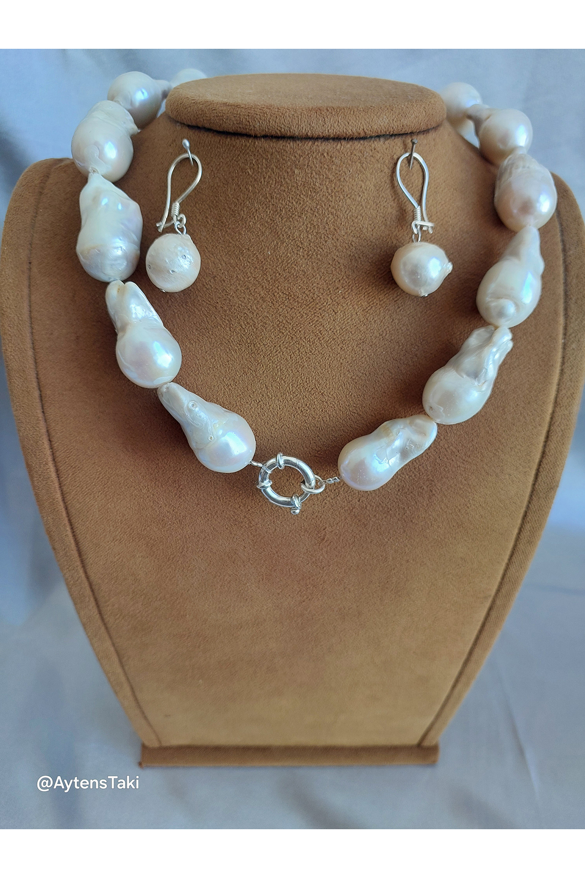 Doğal Barok İnci Set, Gümüş Gemici Kilitli Kolye & Küpe Seti