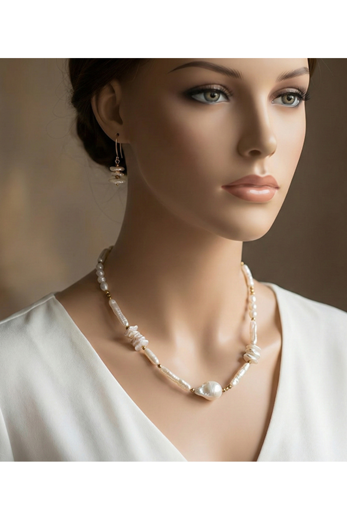 Modern Barok İnci Takı Seti - El Yapımı Çubuk İnci Kolye ve Küpe Kombini (Düzensiz Model)