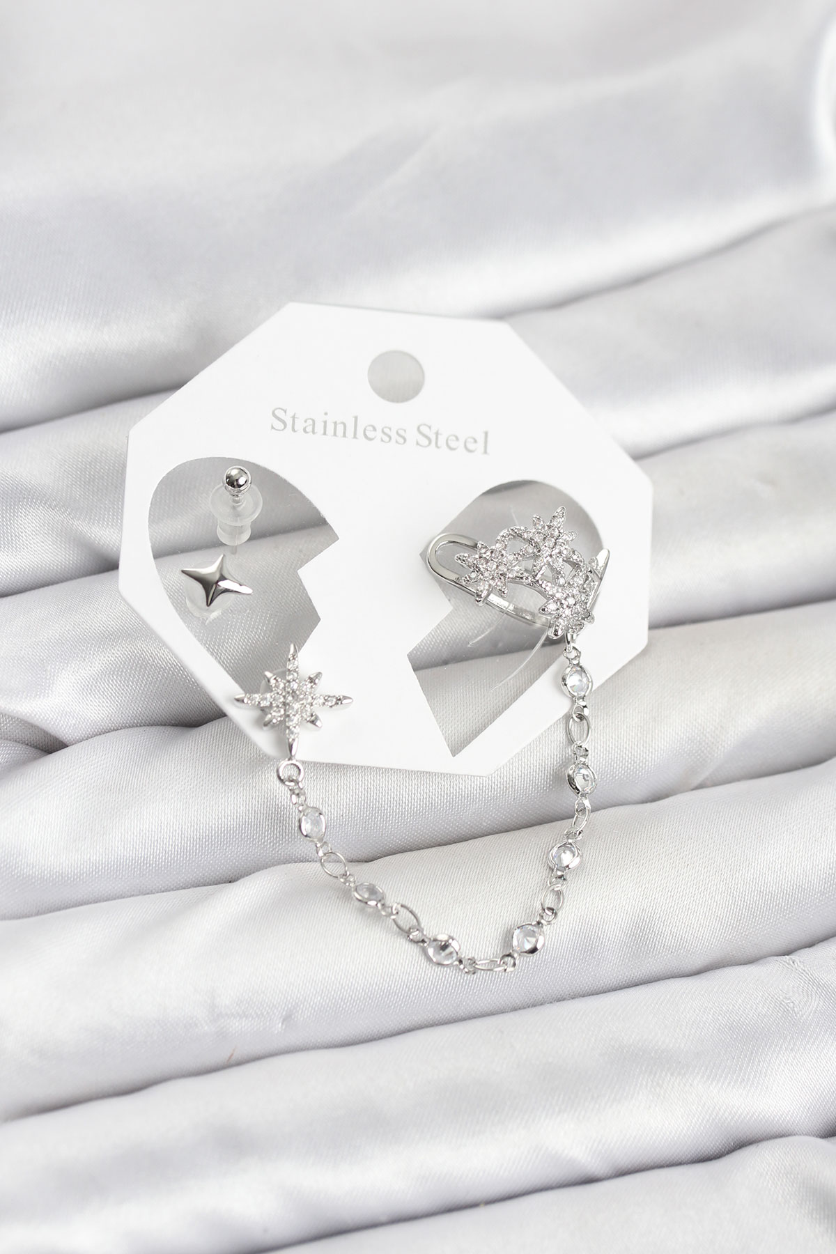 Kutup Yıldızı Model Pirinç Gümüş Renk Zincir Bağlantılı Ear Cuff Küpe Seti