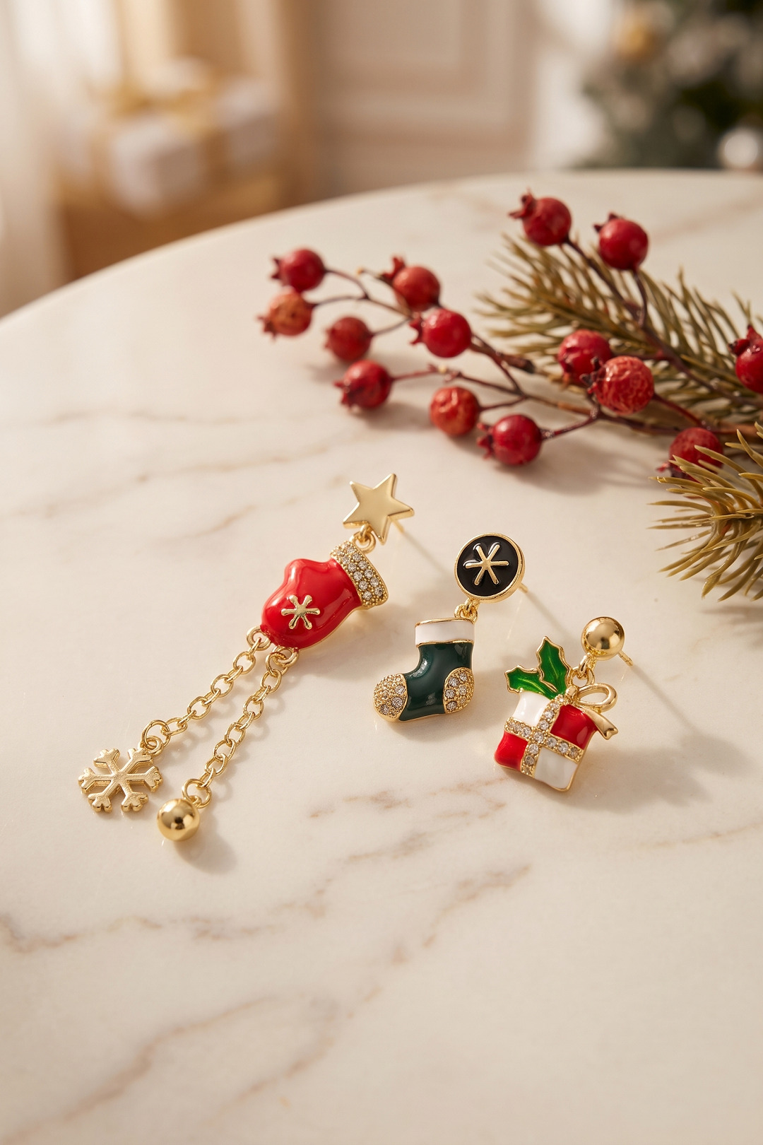 Gold Noel Baba Şapkalı Zirkon Taşlı Zincirli Yılbaşı Küpe